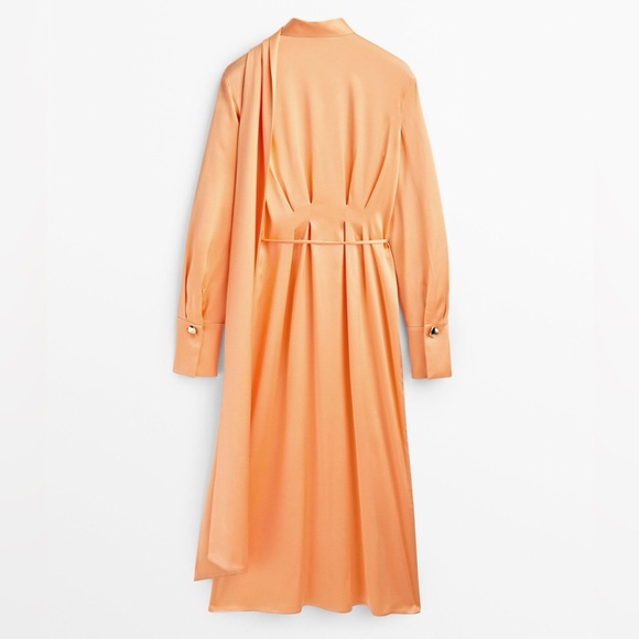 Massimo Dutti Studio Satin Orange Maxi Dress Tie Belt Neck M/L Limited Edition - Picture 12 of 17